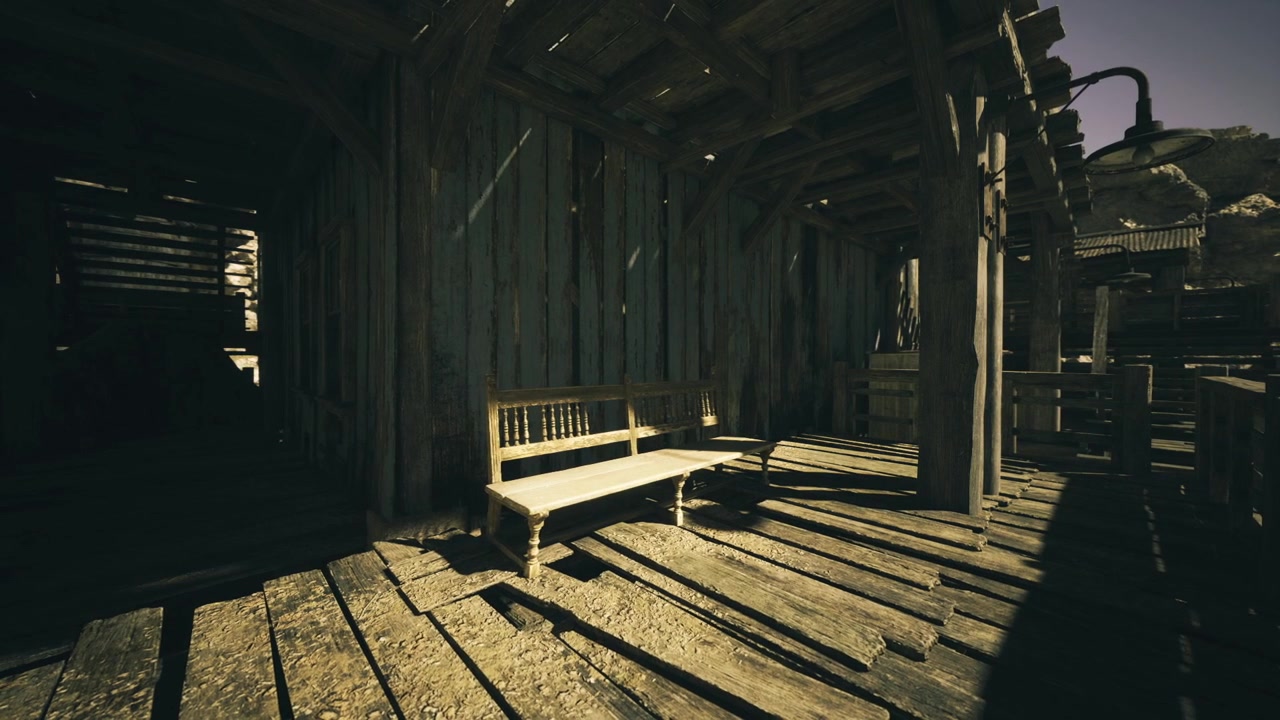 Fredfyldt scene på ørkenveranda med gyldent lys og eftertænksom atmosfære.