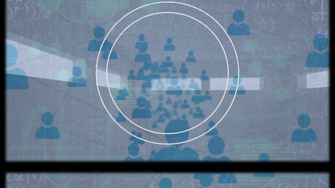 animación de círculos blancos y marco deslizante con red de personas iconos y datos, en gris