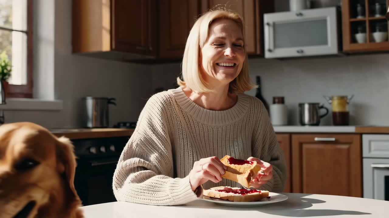 Woman eating toast with jam with her dog