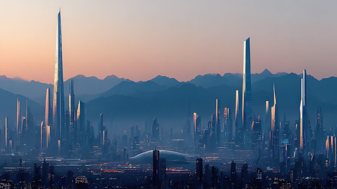 A Stunning Visual Comparison of a Futuristic Cityscape at Dawn and Dusk, Showcasing Majestic Skyscrapers Against a Backdrop of Mountains and Changing Light Conditions