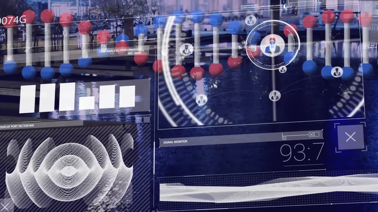도시 풍경 위의 디지털 스크린에서 dna와 데이터의 애니메이션.