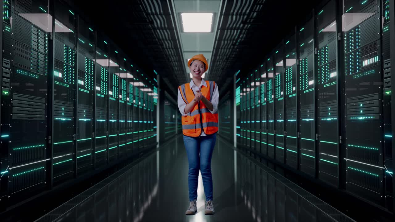 Full Body Of Asian Female Engineer With Safety Helmet Smiling And Clapping Her Hands While Standing in Server Room Data Center