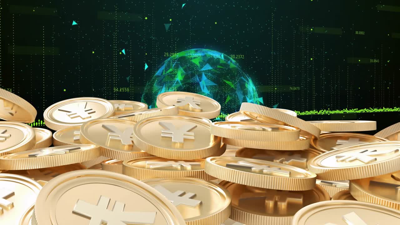 Animazione di simboli dello yen su monete dorate con globo digitale e dati sullo sfondo