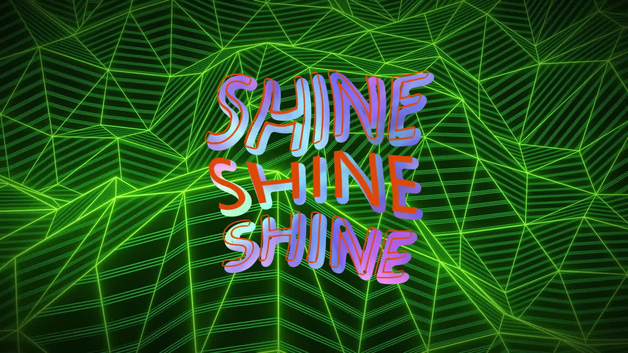 Animation of colourful shine text distorting over glowing green network moving on dark background