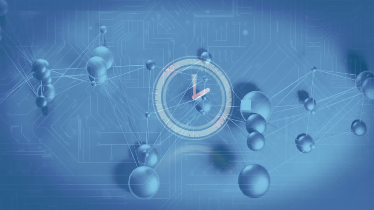 Animation of clock and molecular structure overlaying digital network background