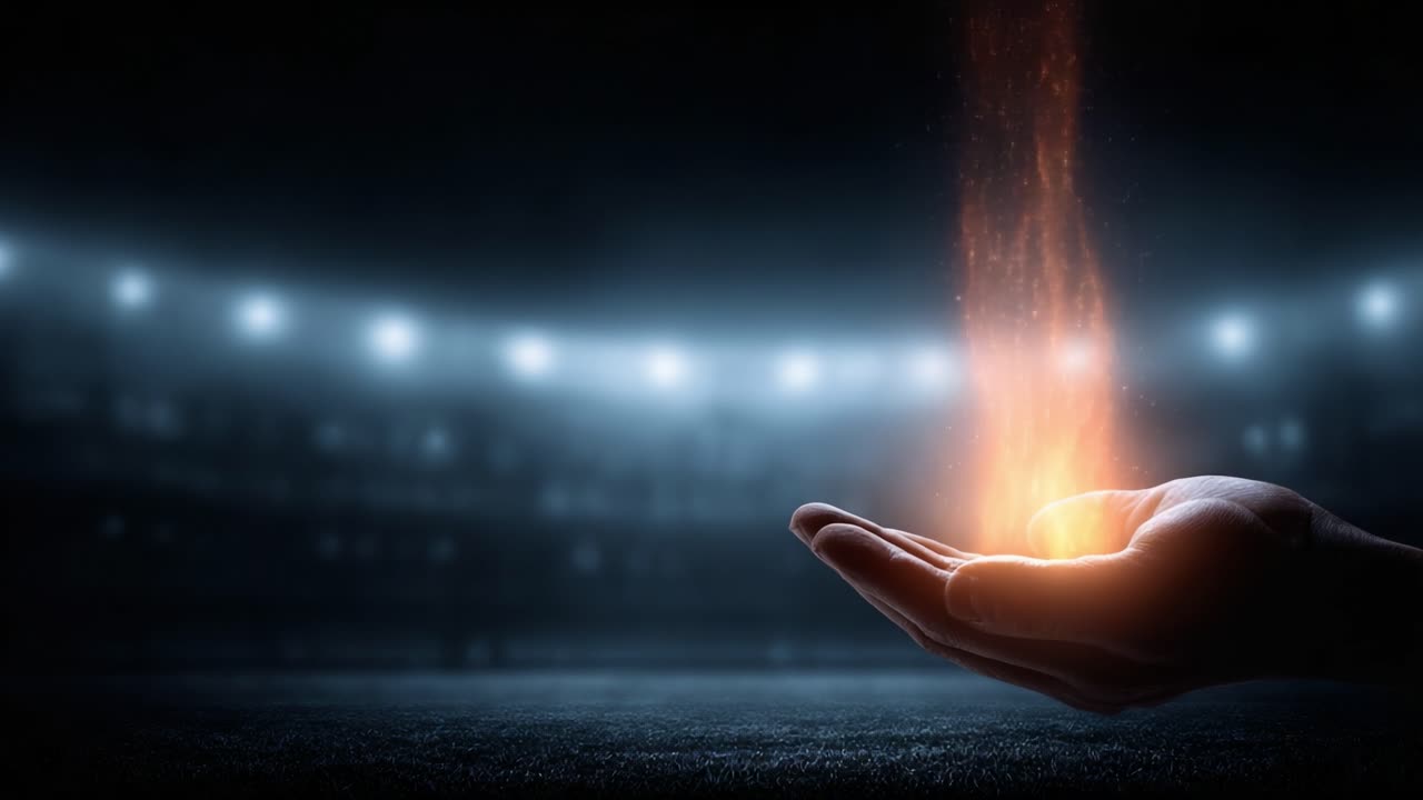 A Glowing Hand Emitting Sparks of Fire: Captivating Display of Light and Energy in a Darkened Stadium Environment, Symbolizing Magic and Transformation