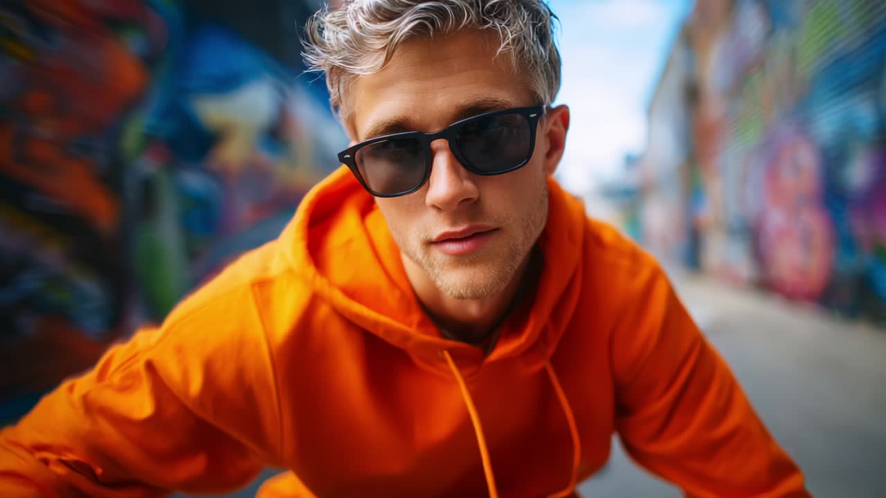 A Stylish Young Man in an Orange Hoodie and Sunglasses Posing Confidently Against a Vibrant Graffiti Wall with a Cool Urban Vibe, Perfectly Illustrating Modern Fashion Trends and Youth Culture