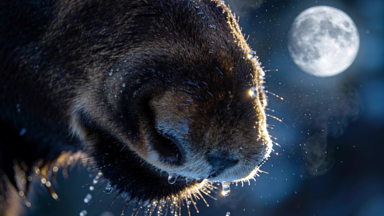 Exhaling large feline muzzle, whiskers forming frosty vapor shedding droplets in cold moonlit air