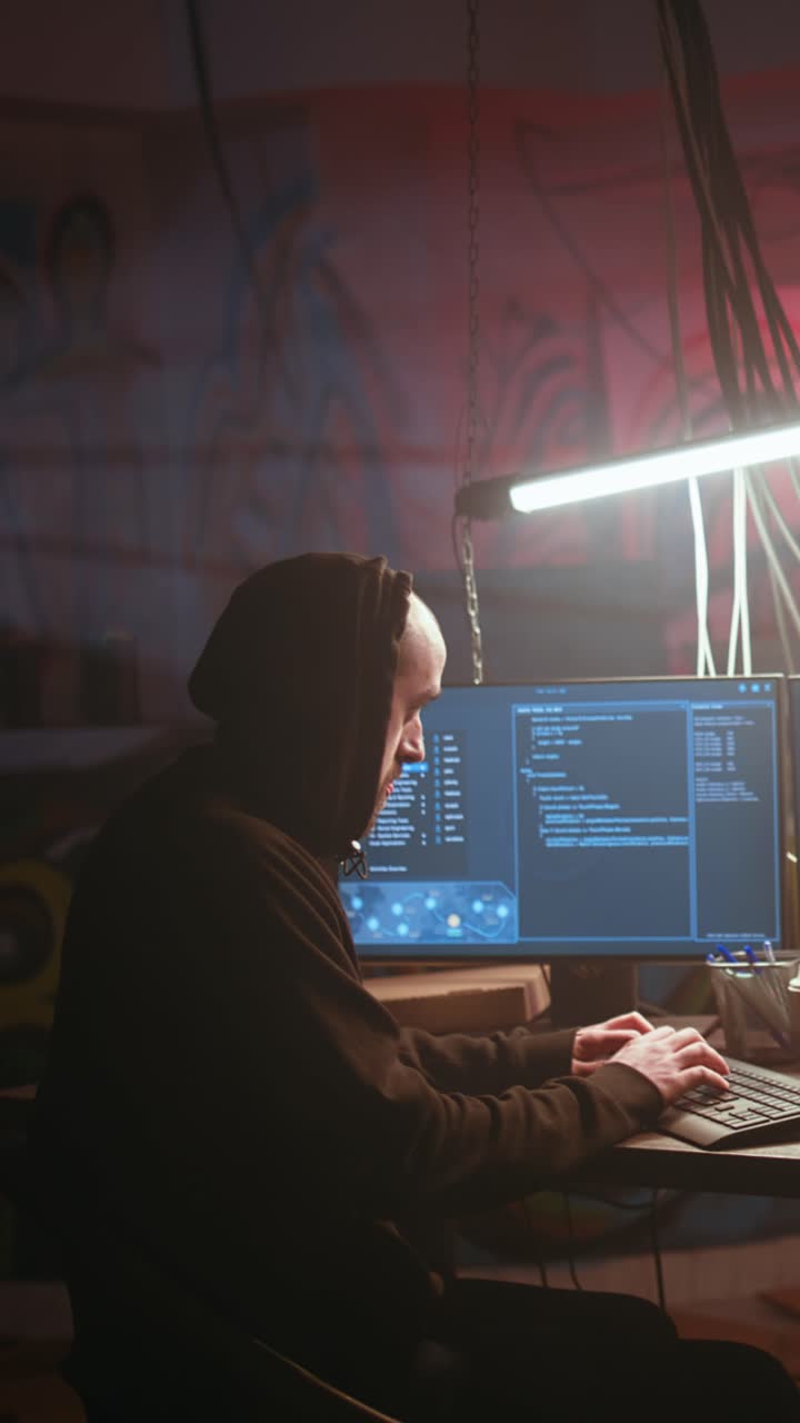 Vertical video Hacker running phishing software on computer in criminals den