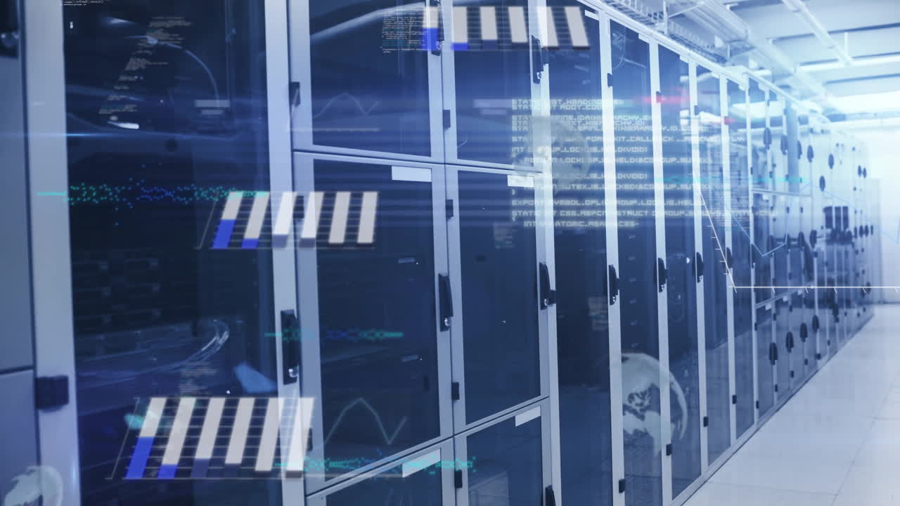 In data center, animation showing data processing over modern servers