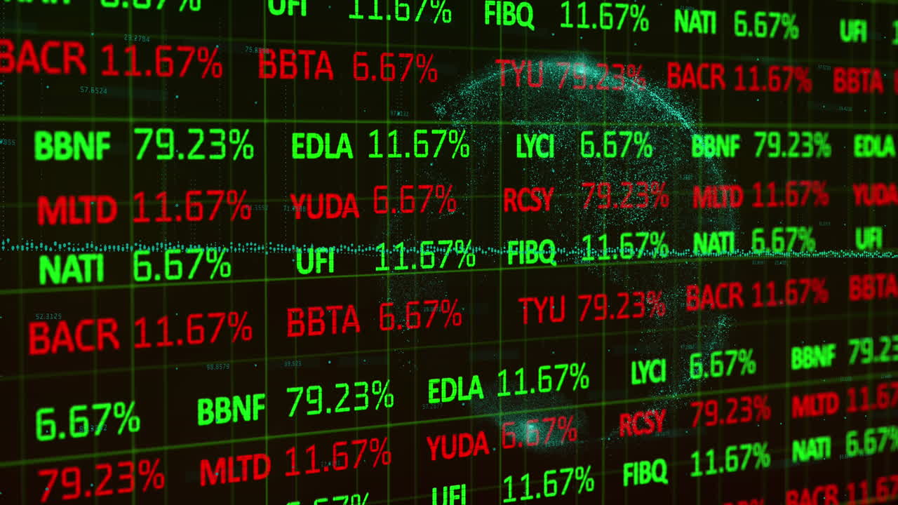 Animazione di elaborazione dati e mercato azionario su un globo su sfondo nero.