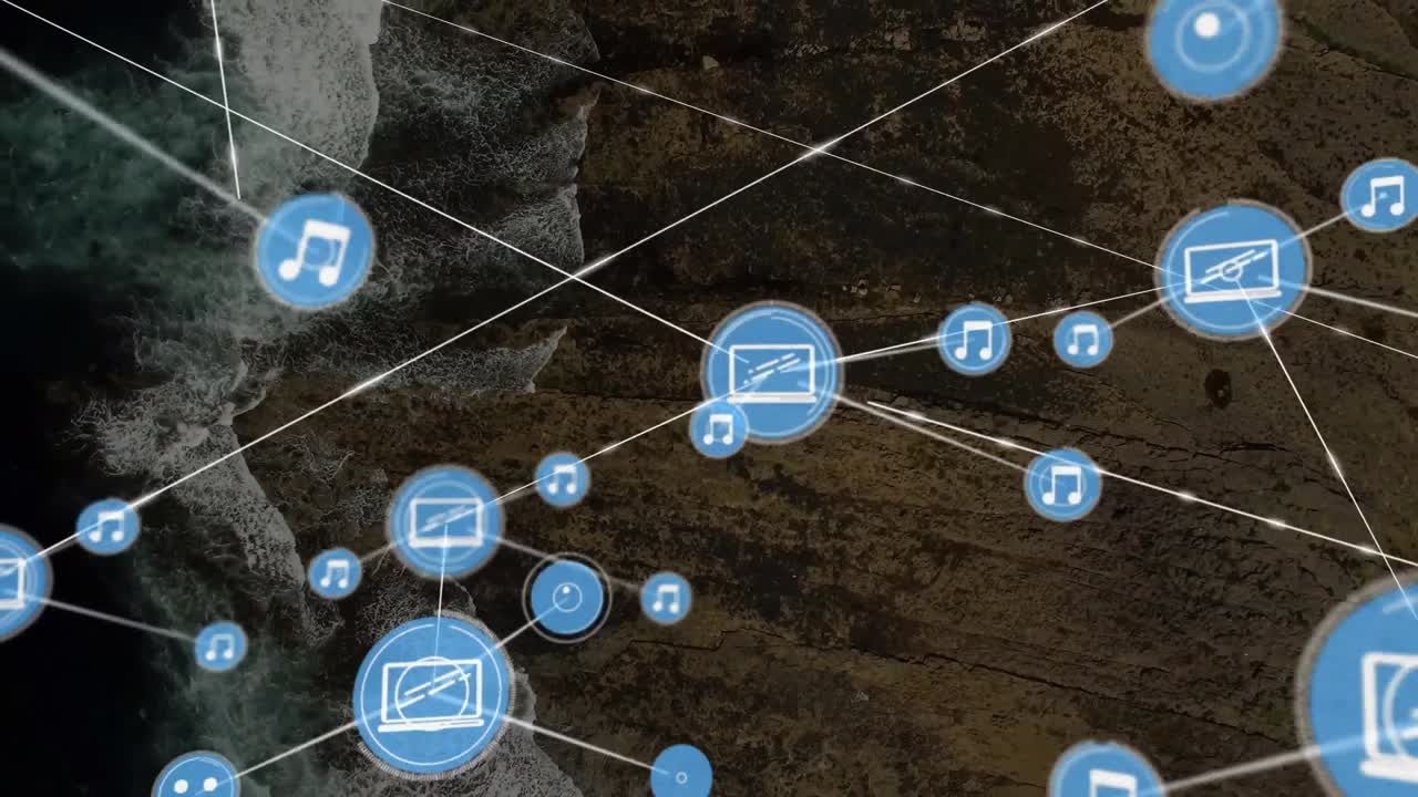 animación de la red de conexiones con iconos sobre la vista del mar