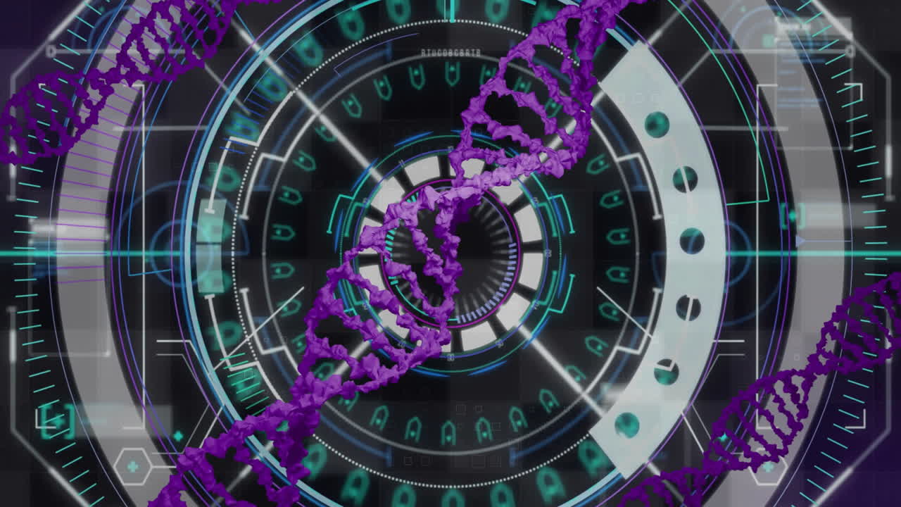 Elica di DNA viola che si snoda diagonalmente attraverso un'interfaccia HUD futuristica, mostrando icone e anelli al neon.