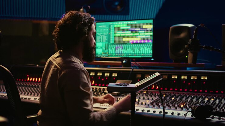 Audio engineer working with mixing console and motorized faders