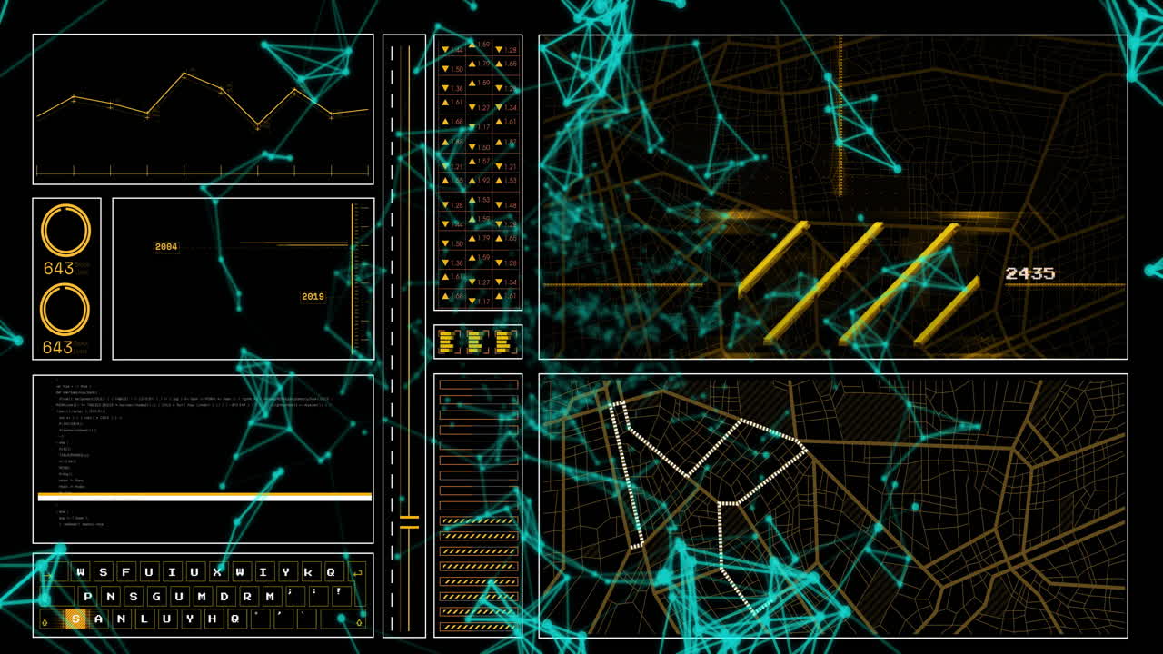 Animation of financial data processing over grid on dark background