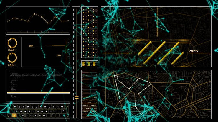Animation of financial data processing over grid on dark background