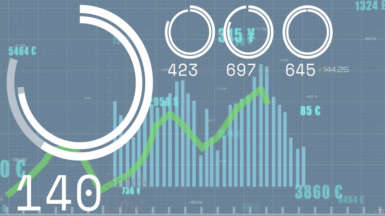 파란색 배경에 있는 그래프 위의 로딩 서클과 함께 변하는 숫자의 애니메이션
