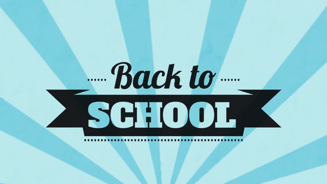 파란색 배경에 회전하는 방사선에 대항하여 학교로 돌아가는 텍스트 배너의 애니메이션