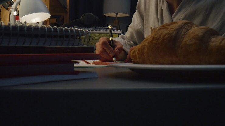 Lady hands writing text at home closeup. Unknown girl making notes at evening