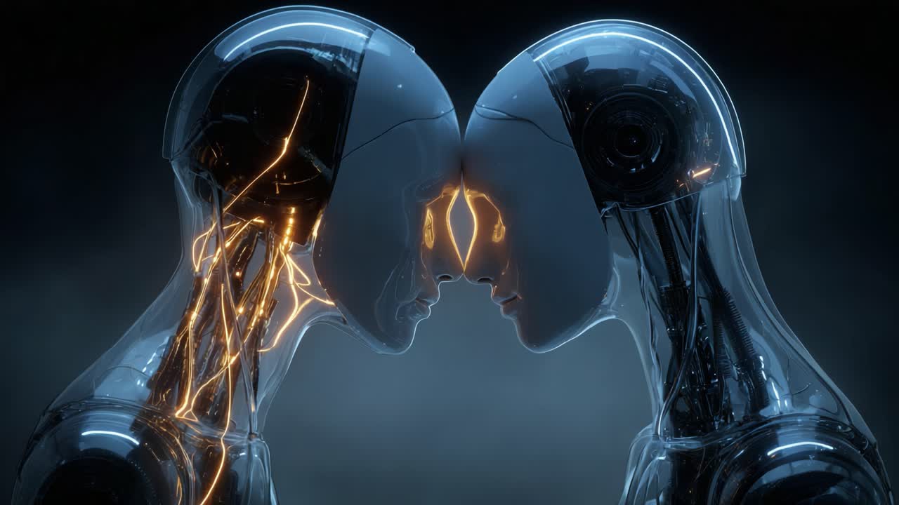 Un incontro ravvicinato tra due androidi futuristici con connessioni neurali illuminate, che mostra l'intersezione tra tecnologia ed emozione umana