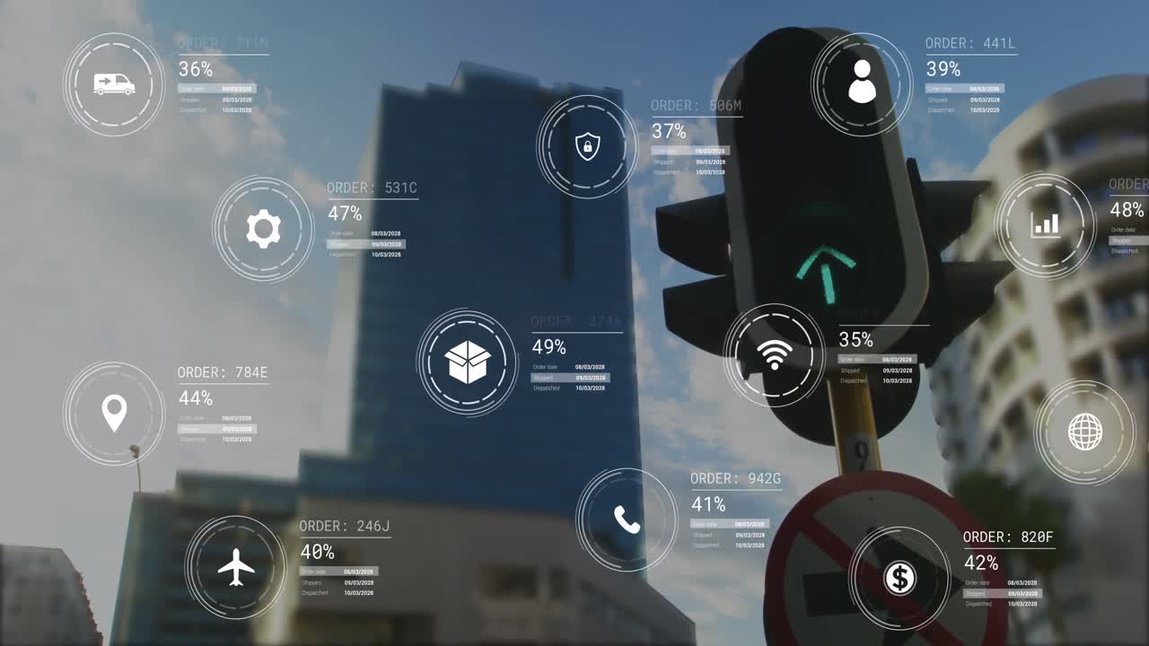 animación de iconos con procesamiento de datos sobre semáforos y paisaje urbano
