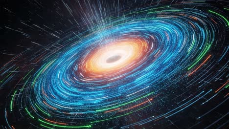 a stunning visualization of a black hole's accretion disk, showcasing the dynamic flow of matter and energy in a cosmic dance of light and gravity