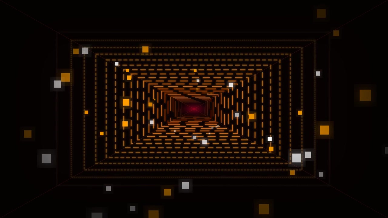 Abstract Digital Tunnel with Glowing Orange Rectangles and Floating Particles