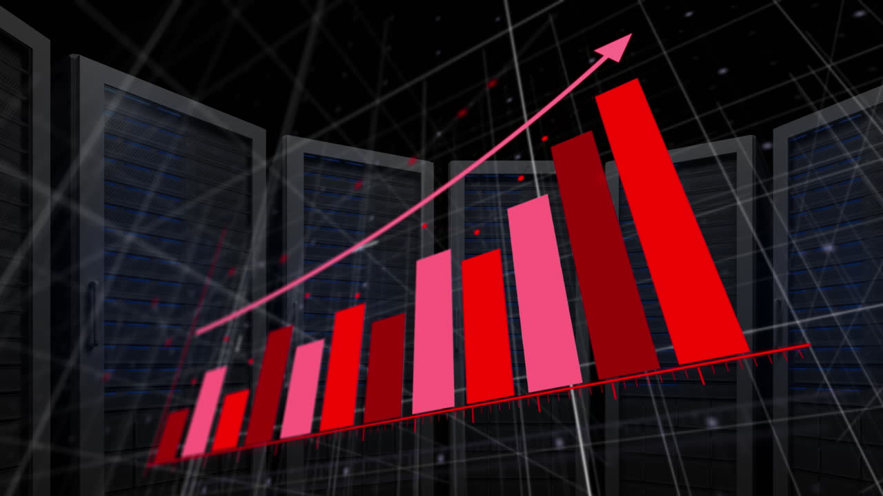 Animazione di freccia su grafico su motivo a griglia su rack di sistemi server sullo sfondo