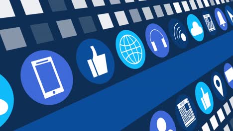 animation of digital online icons and blue stripe moving on dark blue background