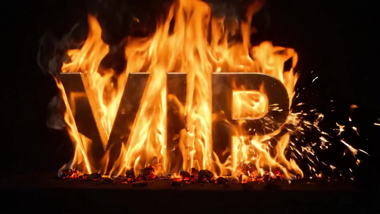 En dristig fremstilling af 'VIP'-bogstaver opslugt af levende flammer, der viser ildens intensitet og kraft, og fremhæver en iøjnefaldende og dramatisk visuel effekt.