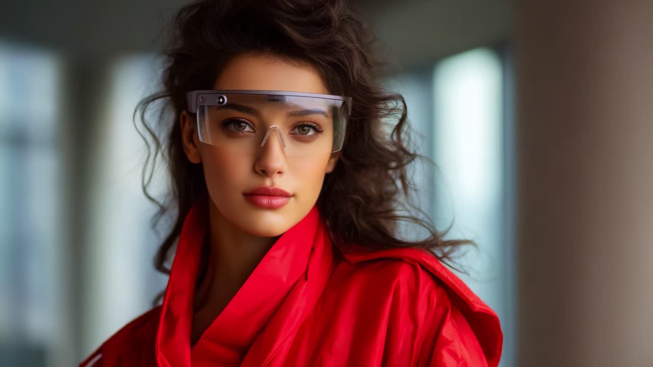 Captivating woman in a striking red outfit wearing innovative eyewear, showcasing a blend of style and technology against a contemporary backdrop