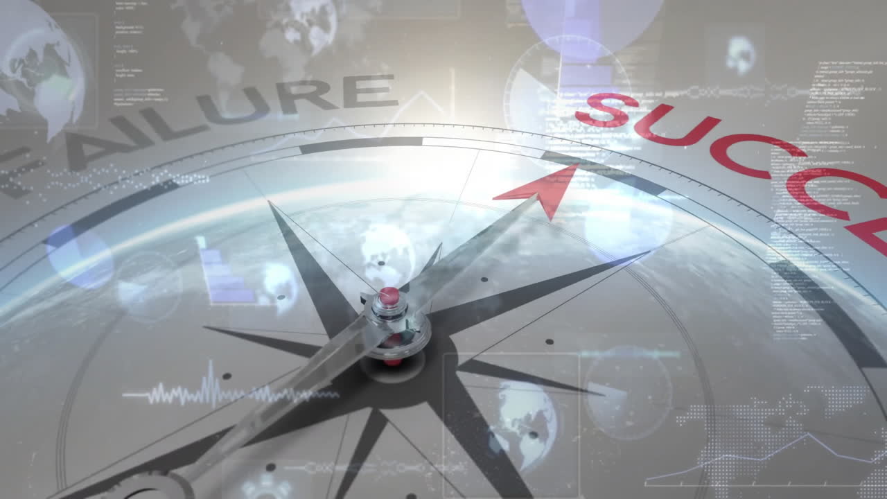 Compass with red arrow pointing towards failure, digital animation overlay in school