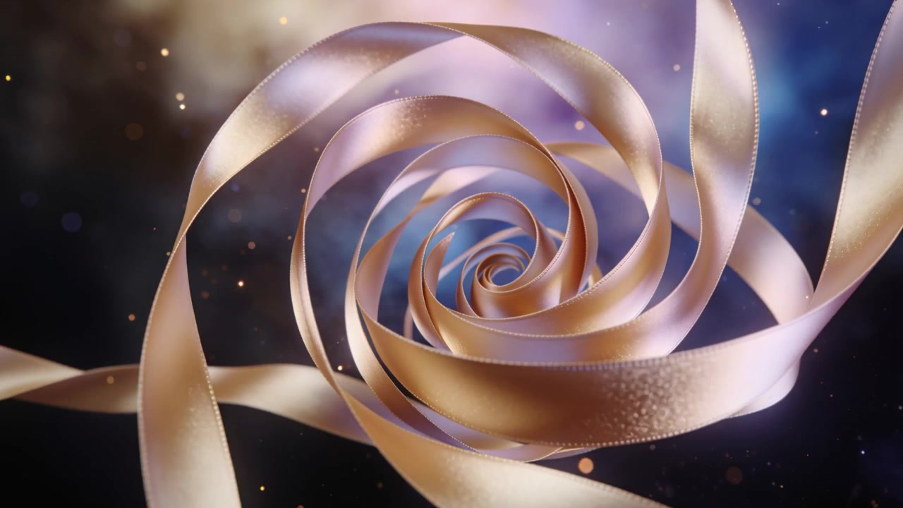 Spirale di nastro di raso rotante che inizia a srotolarsi in una nebulosa, con particelle e goccioline in orbita