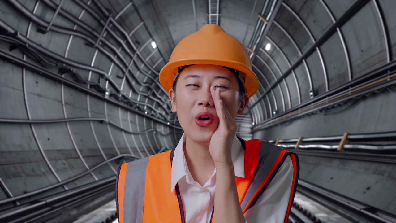 Close Up Of Asian Female Engineer With Safety Helmet Yelling With Hand Over Mouth In Underground Subway Tunnel