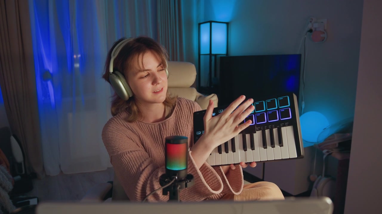 Giovane donna con le cuffie tiene una piccola tastiera MIDI e gesticola verso la telecamera mentre è seduta alla scrivania in uno studio casalingo poco illuminato con microfono, monitor, illuminazione soffusa blu-viola e un setup creativo