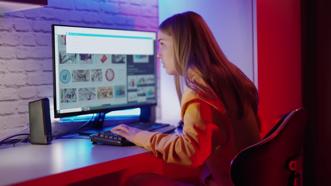 Girl using computer in room. Female student using computer at home