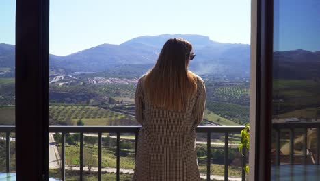 una chica caucásica con el pelo lacio y un abrigo a cuadros pasa por una ventana y camina hacia un fondo soleado de montañas y campos