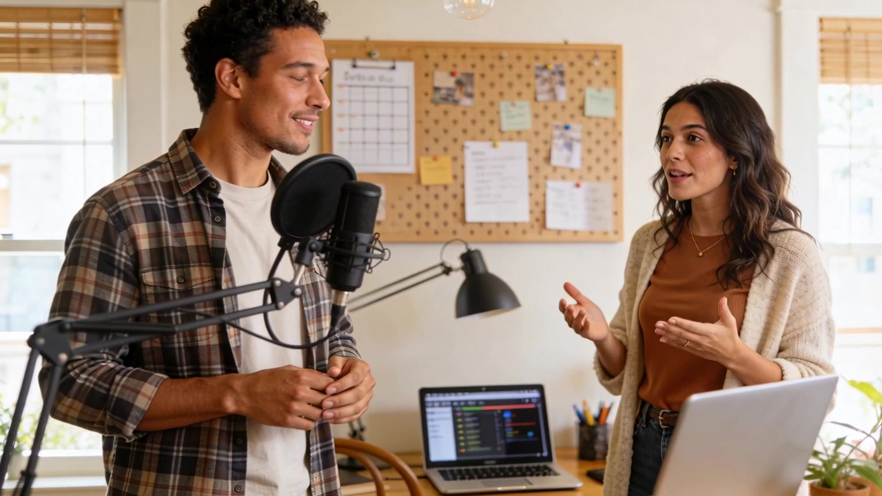 Conduttori che registrano, con camicia a quadri, avviano un'app sul laptop per un podcast nel loro studio casalingo, regolando il microfono.