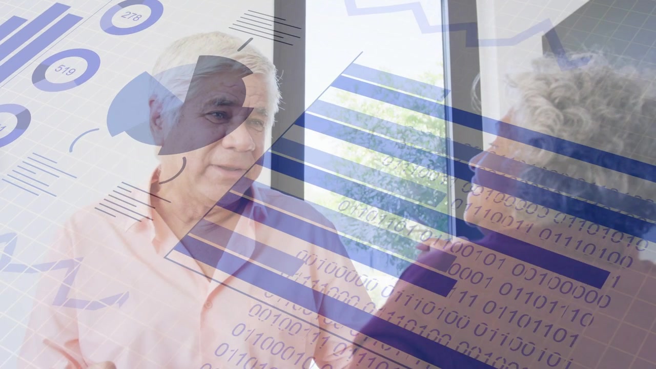 Man reaching, taking woman's hands and discussing health, analytics charts overlaying and animating