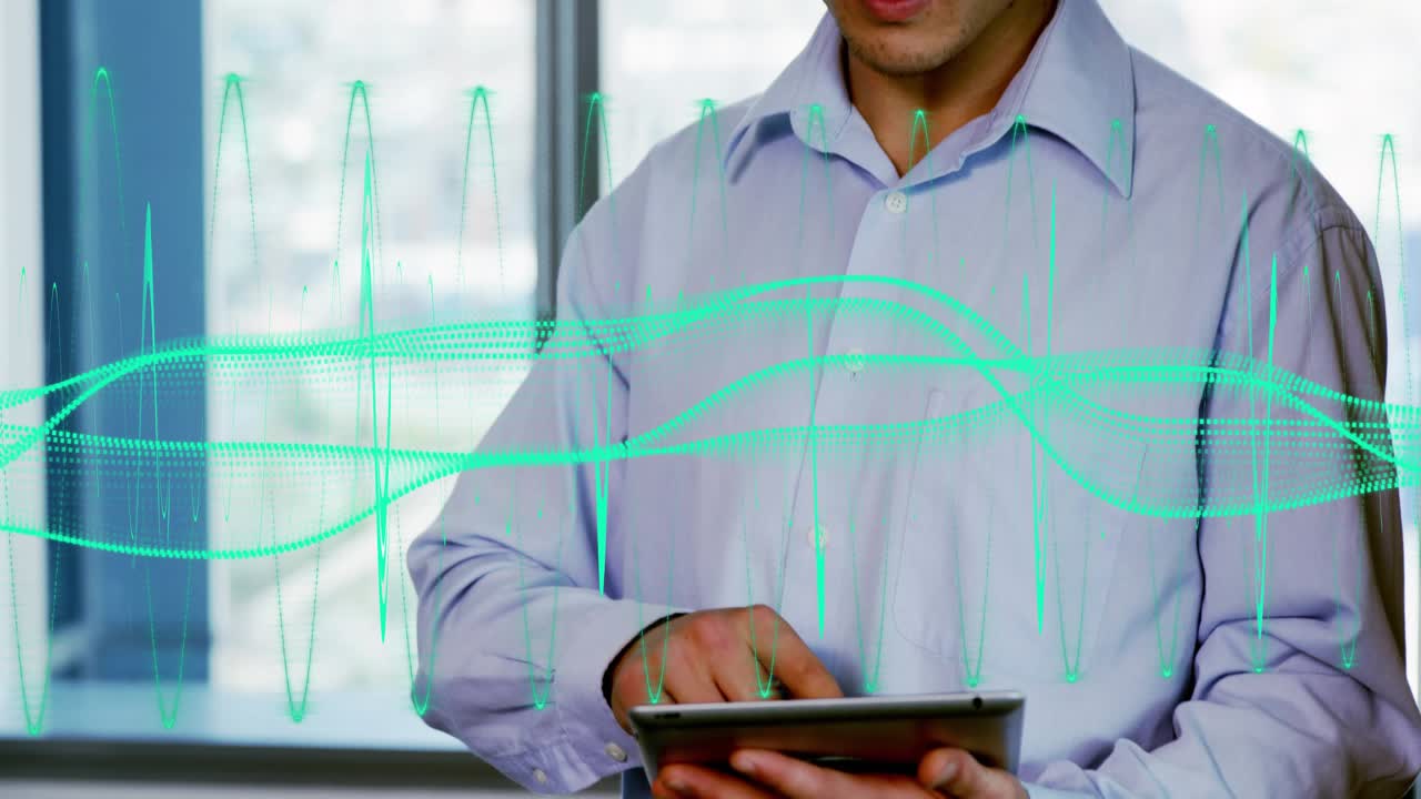 Man tapping tablet, showing waveform and icons clustering around him while analyzing marketing data