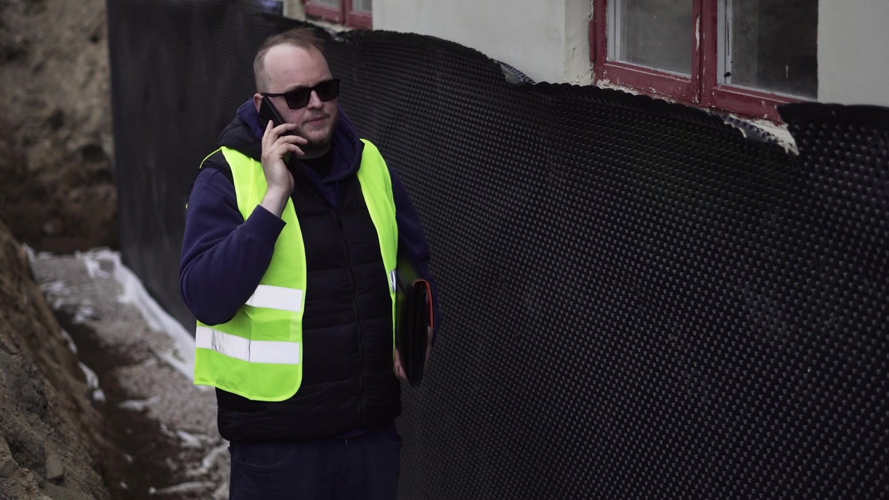 Construction inspector talking on a mobile phone beside a building site, wearing a safety vest for site supervision and project coordination.