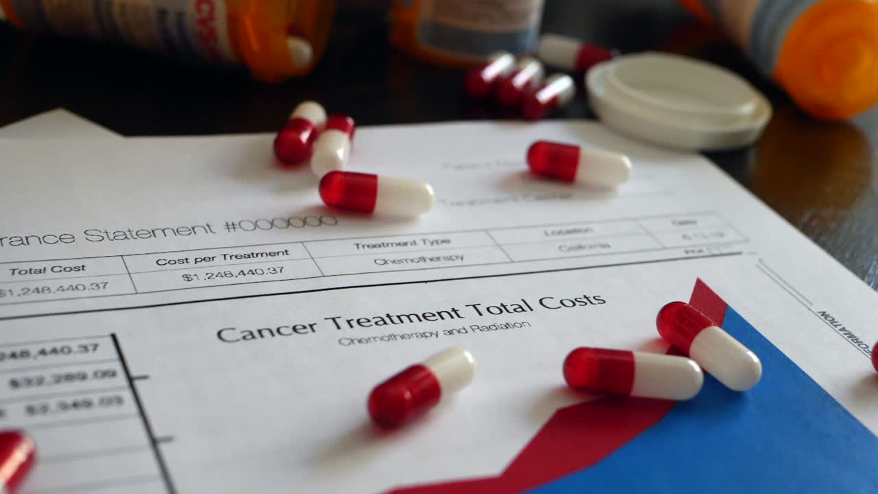 Cancer treatment drug pills spilling from a prescription drug bottle on a prop medical insurance form SLOW MOTION