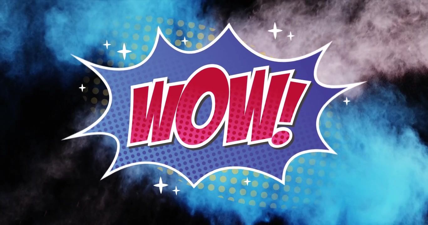 Wow text on retro speech bubble against smoke explosion on black background
