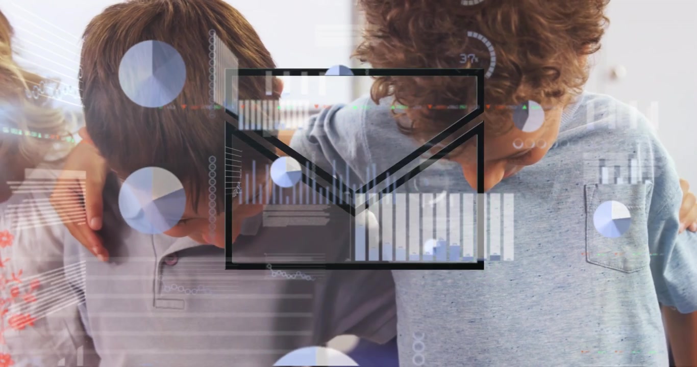 Group of Children Looking at Digital Data Overlay