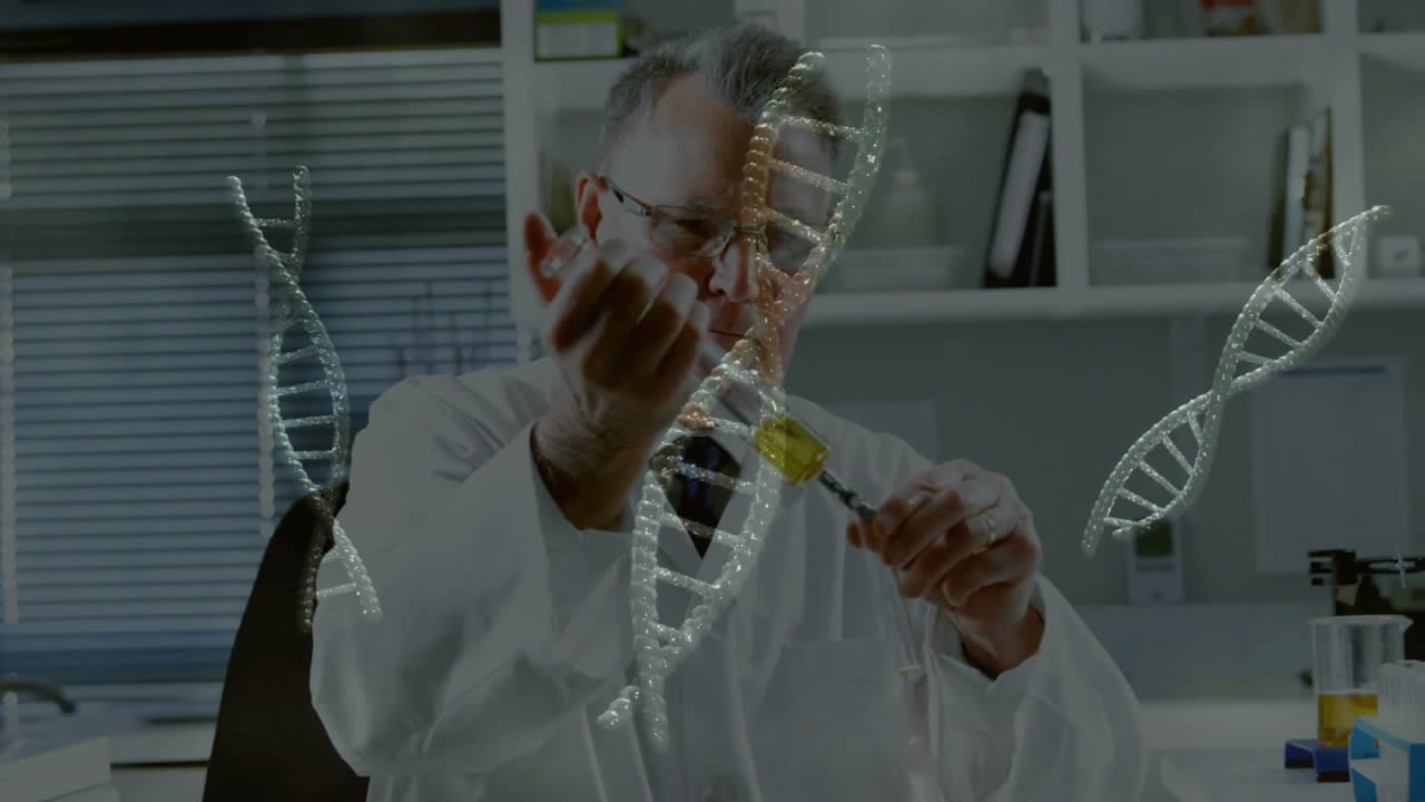 Scienziato senior prende una pipetta prelevando un campione di DNA per analisi di laboratorio, mentre un'elica scorre sulla punta.