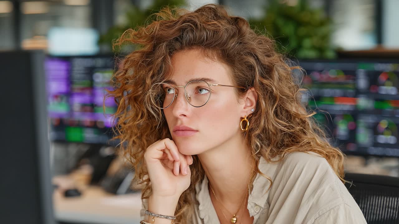 Profissional contemplativa trabalhando: uma mulher concentrada em meio a visualizações de dados financeiros e telas de análise de mercado em um ambiente de escritório moderno