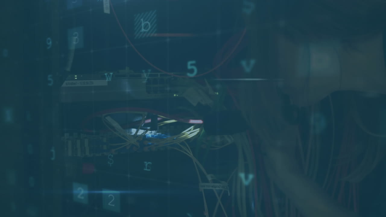 Woman working in server room with data security warnings in the foregound