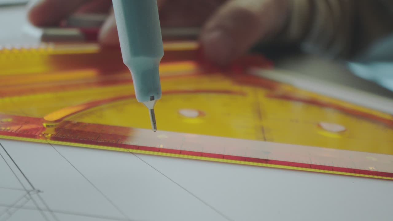 Close-up of person using drafting tools and protractor