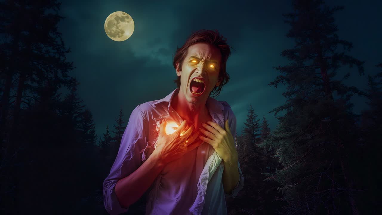 Reacting to glowing orange chest orb, man clutching torn shirt screaming in evergreen night forest
