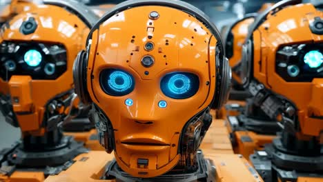 a row of orange robots with blue eyes in a factory